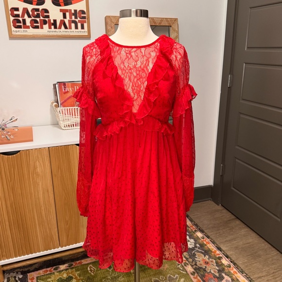 Free People Red Ruffle Swiss Dot Long-Sleeve Mini Dress XS - Picture 2 of 9